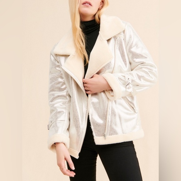 NWOT Rhys Metallic Moto Jacket in Radioactive Space Cadet Silver Size Medium - Picture 1 of 9